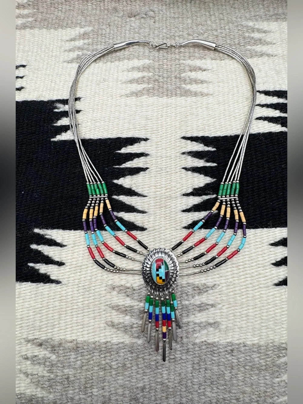 Southwest 925 Sterling Faux Turquoise Multi Stone Inlay Liquid Silver Necklace
